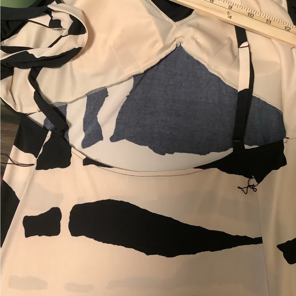 Abstract Print Maxi Dress Black Cream Layered Bodice Tie Back 837043 RN 58142 - Picture 3 of 12